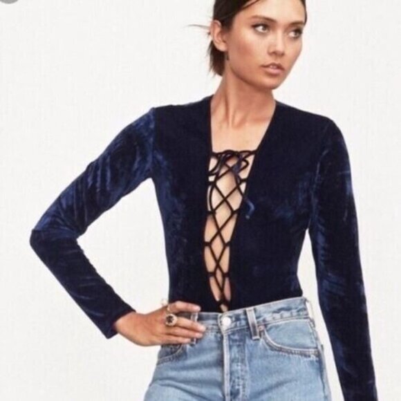 Reformation Velvet Avalon Bodysuit Womens XS Criss Cross Teal Blue - Picture 2 of 16